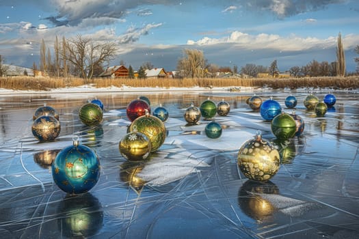 Colorful ornaments are scattered on the frozen lake, capturing the essence of winters beauty and festivity