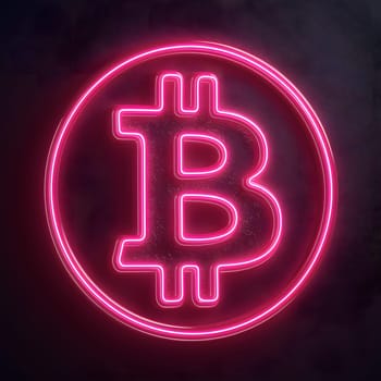 The glow of a bright pink Bitcoin sign neon light stands out against a dark background