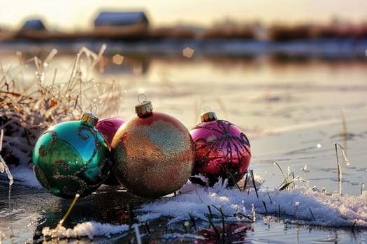 Colorful ornaments glisten on pure snow, capturing the essence of winter and the joyous holiday spirit