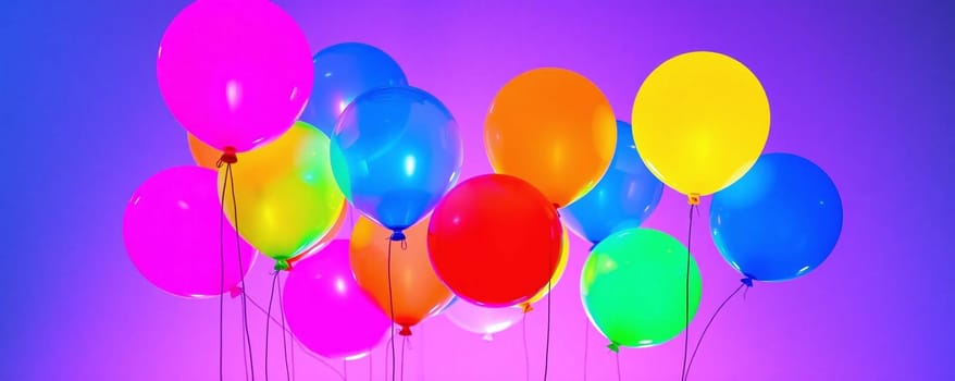 A cluster of bright balloons in various colors fills the frame, creating a festive atmosphere with a striking purple backdrop. Perfect for parties and happy occasions.