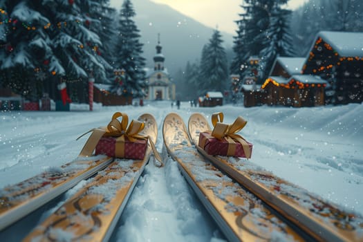Enjoy the thrill of skiing amidst a beautifully snowy landscape that is adorned with colorful festive gifts