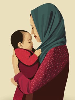 Muslim mother lovingly holds her baby in a heartwarming scene of connection and affection. Radiating warmth and happiness. This touching moment captures the essence of motherhood and family values