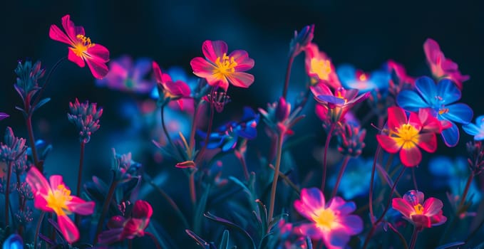 Vibrant wildflowers glowing with neon colors, captured in a dark nighttime setting.