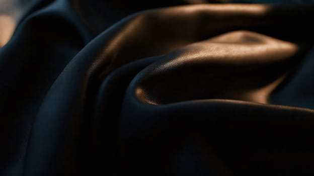 The close-up view showcases luxurious dark fabric with soft folds, accentuated by warm light that highlights its texture, creating an inviting and elegant atmosphere.