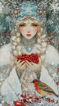 Portrait of a very beautiful woman in a winter forest, a fairy or mistress of the forest walks around her domain. High quality photo