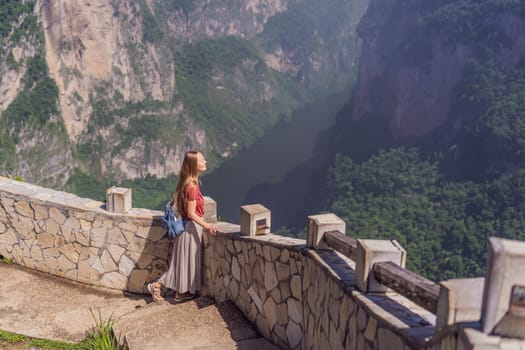 Female tourist exploring Sumidero Canyon National Park, Mexico. Adventure, natural exploration, and travel experience concept.