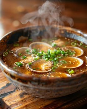 A delicious bowl of clam and green onion soup served on a rustic wooden table, showcasing a flavorful seafood dish made with fresh ingredients