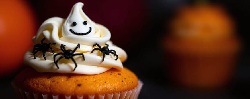 A pumpkin-flavored cupcake features ghostly white frosting topped with a smiling face and black spider decorations, perfect for Halloween festivities and celebrations.