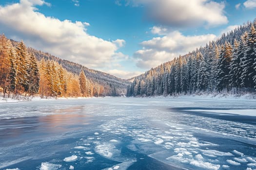 Mountain lake in early spring, thaw, drifting ice. High quality photo