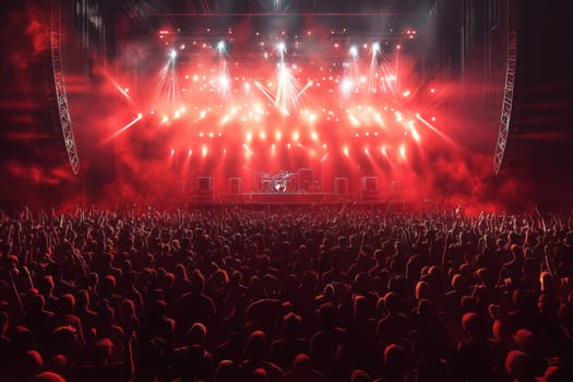 The stage during a concert is lit with bright red light and floodlights. High quality photo