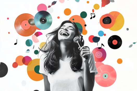 Cute girl listens to her favorite music on headphones and sings. High quality photo