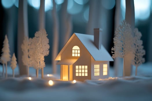 3D model of a small house on the background of a winter forest. High quality photo