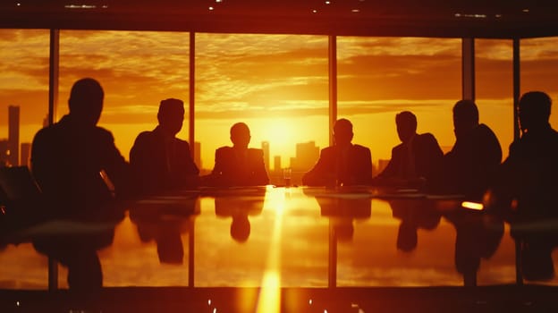 The meeting hall is illuminated by the rays of the setting sun. Colleagues are holding a meeting. High quality photo