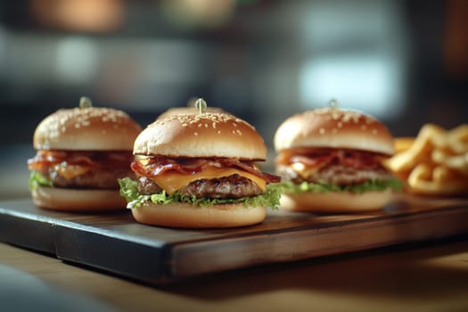 Three juicy tasty hamburgers lie on a wooden table in a bar or cafe. High quality photo