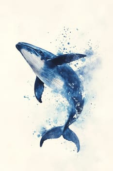 Image of a whale on a light background. Blue whale painted with blue watercolor paint. High quality photo