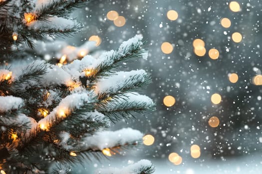 A branch of a coniferous tree covered with snow in a winter forest. High quality photo