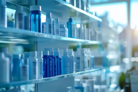 Abstract image of a showcase with medicines, cosmetics in a pharmacy. High quality photo