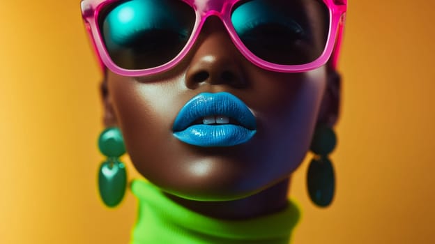 Beautiful dark-skinned woman model in sunglasses on isolated background. Close-up of model's face with bright makeup and blue lipstick. High quality photo