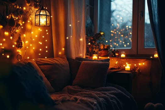 Traditional festive interior of the apartment. Evening light from garlands. High quality photo