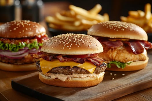 Three juicy tasty hamburgers lie on a wooden table in a bar or cafe. High quality photo