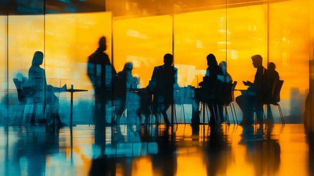 The meeting hall is illuminated by the rays of the setting sun. Colleagues are holding a meeting. High quality photo