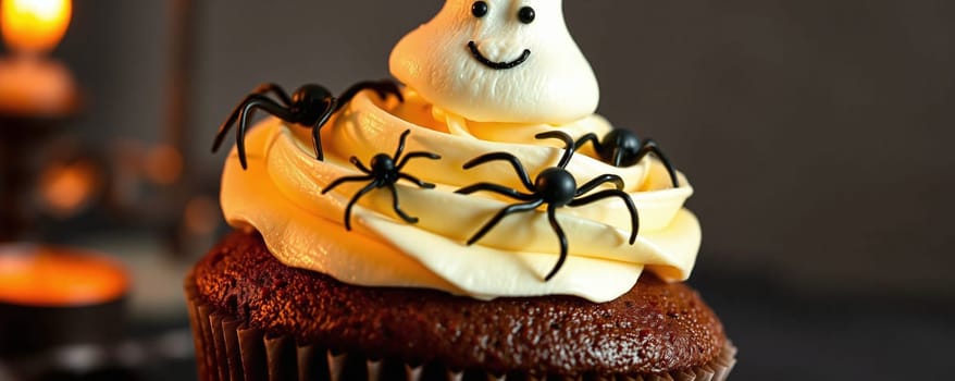 A chocolate cupcake features a creamy swirl of yellow frosting, adorned with a smiling ghost and black edible spiders, perfect for Halloween festivities in an evening setting.