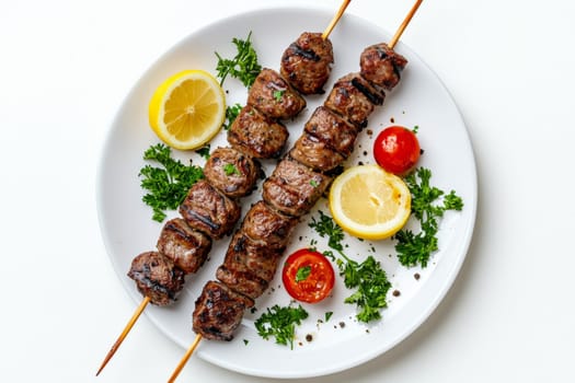 Shashlik on a plate. Top view. High quality photo