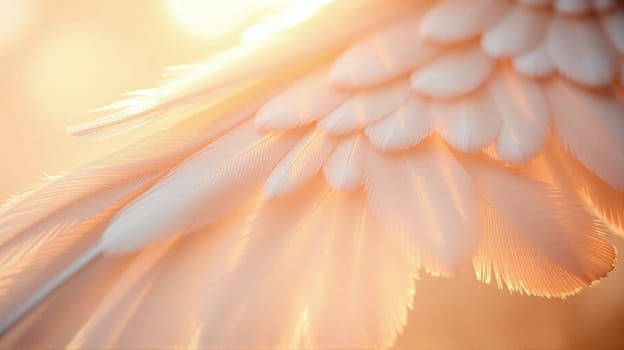 Glimmers of sunlight cascade over soft, white feathers, creating a tranquil atmosphere filled with warmth. The gentle glow accentuates the intricate details of each feather.