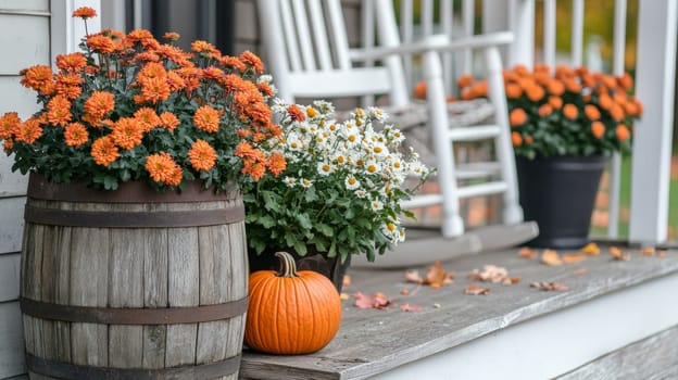 Decorating the porch and front door with pumpkins and fall flowers. Decorating the house for the traditional holiday. High quality photo