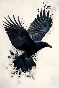An image of a black crow on a light background. The crow is painted with black watercolor paint or pastel. High quality photo