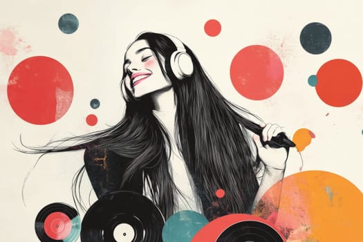 Cute girl listens to her favorite music on headphones and sings. High quality photo