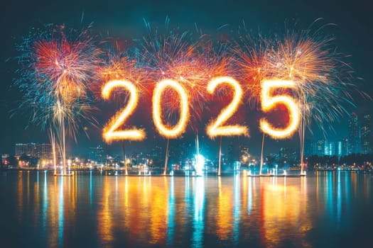 2025. Happy New Year. Fireworks and sparks against the night sky with the numbers of the coming 2025. High quality photo.