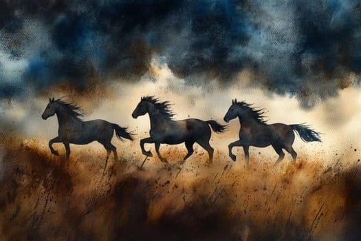 Three horses run across the field in the fog. High quality photo