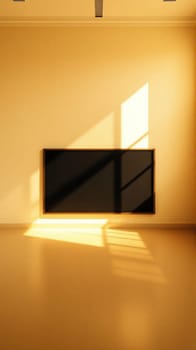 Natural light filters through a window, creating soft shadows on the floor in a minimalist living room featuring a sleek television. The room exudes a cozy and inviting atmosphere.