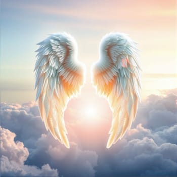 Softly glowing angel wings emerge against a backdrop of colorful clouds at sunrise. The scene evokes a sense of tranquility and divine presence in the early morning light.