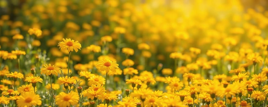 A stunning field is filled with bright yellow flowers under a sunny sky. The blossoms create a lively atmosphere that captures the essence of spring's beauty and warmth.