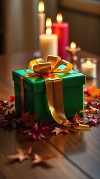A beautifully wrapped green gift box with a golden ribbon sits on a wooden table, surrounded by colorful autumn leaves and glowing candles, creating a warm, inviting atmosphere.