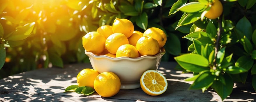 A bowl filled with vibrant yellow lemons sits on a wooden table. Sunlight filters through surrounding leaves, illuminating the freshness of the fruit on a bright day.