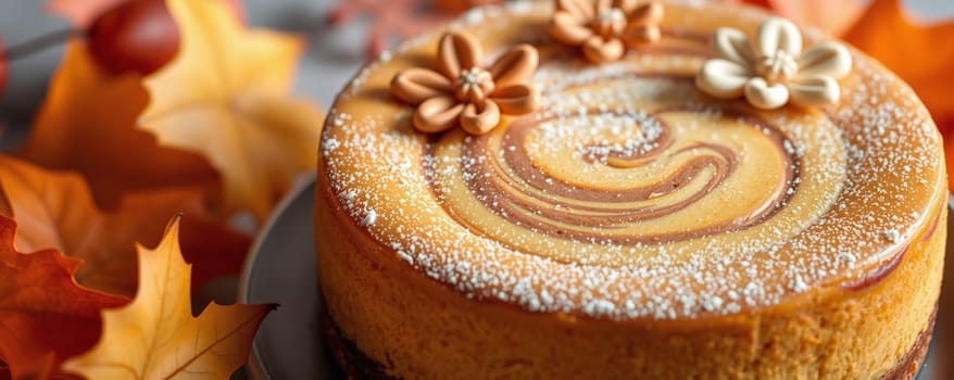 A delectable pumpkin cheesecake adorned with delicate flower accents rests on a plate, surrounded by vibrant autumn leaves. The dessert boasts a rich swirl of flavors and seasonal charm.