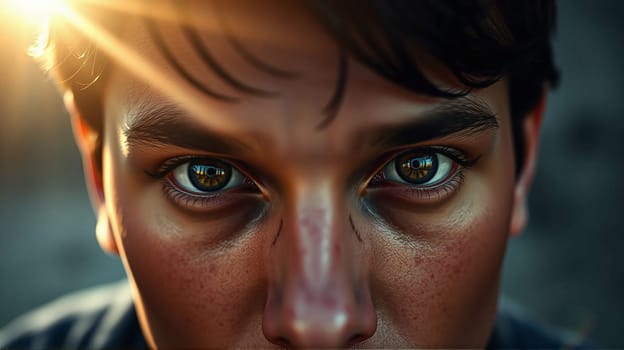 A young man gazes directly at the viewer, his expressive eyes glistening in the warm sunlight, showcasing a moment of contemplation and depth of emotion in a serene outdoor setting.