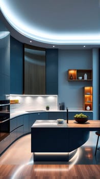 A sleek modern kitchen features elegant curved cabinetry, soft ambient lighting, and a wooden dining table adorned with a bowl of fresh fruit, creating a cozy atmosphere in the evening.