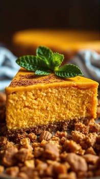 A rich slice of pumpkin cheesecake sits on a bed of crumbled cookies, garnished with fresh mint leaves. The dessert is beautifully presented, highlighting its creamy texture and vibrant color.