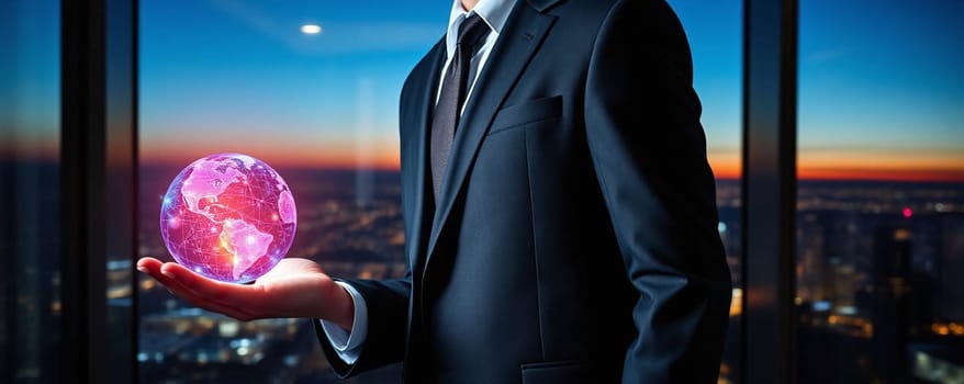 A business professional stands indoors holding a luminous globe, overlooking a breathtaking city skyline at sunset, showcasing a blend of technology and ambition.