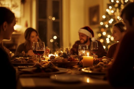 Photo of nice joyful family people drinking red wine and having Christmas dinner..