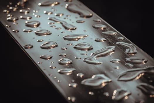 Detail of Water droplets caused by rain perched on the metallic surface. Rain water drops on a stainless steel handle, Natural Pattern of dew drops or raindrops on silver metal background for wallpaper poster and banner design, Selective focus.