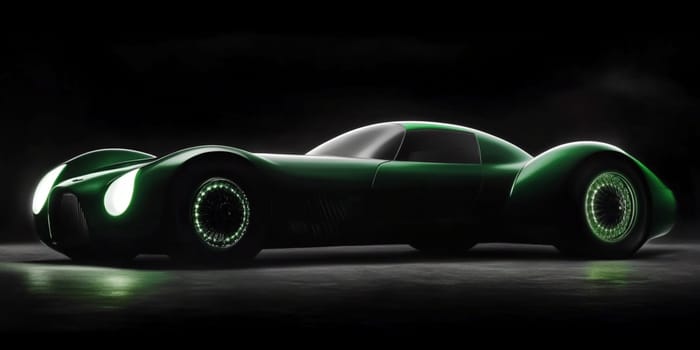 Futuristic green luxury sports car poses elegantly in a dark studio, illuminated by green lights, exuding power and speed with a modern and classic design