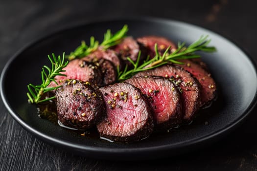 Juicy roasted beef slices garnished with fresh rosemary and colorful peppercorns.