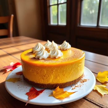 A beautifully crafted pumpkin cheesecake sits on a white plate, topped with dollops of cream, surrounded by colorful autumn leaves on a wooden table near a sunlit window.