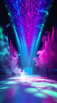 Colorful lights and fog create an energetic atmosphere inside a venue. Bright beams shine down, enhancing the lively ambiance during the event, captivating the audience.