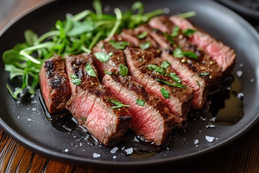 Juicy roasted beef slices garnished with fresh rosemary and colorful peppercorns.